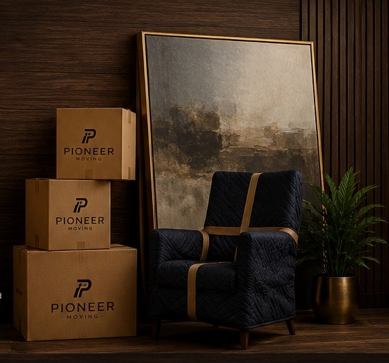 Pioneer Moving packed boxes and protected furniture