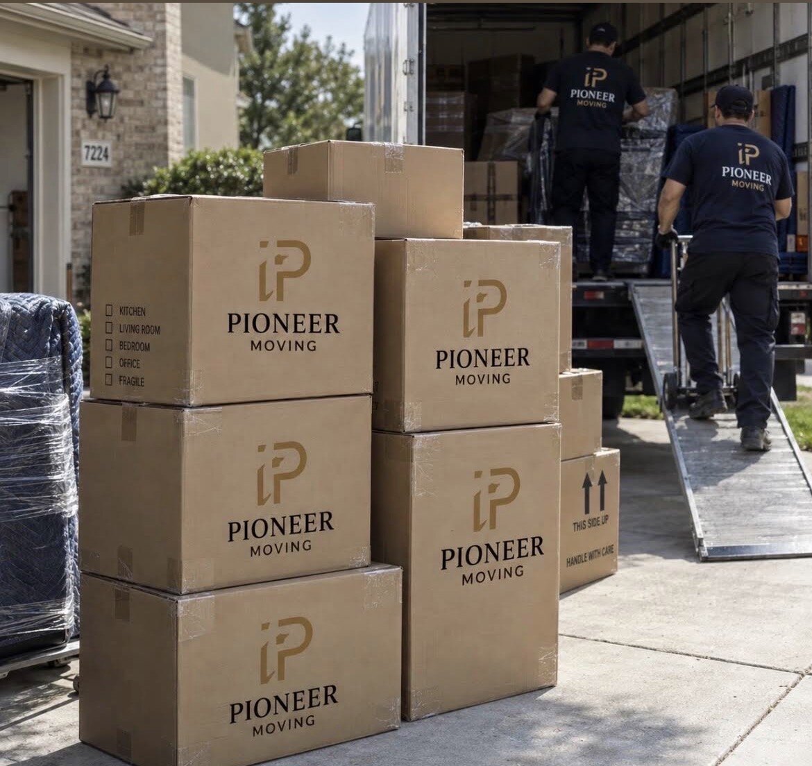 Pioneer Moving crew loading protected furniture and moving boxes